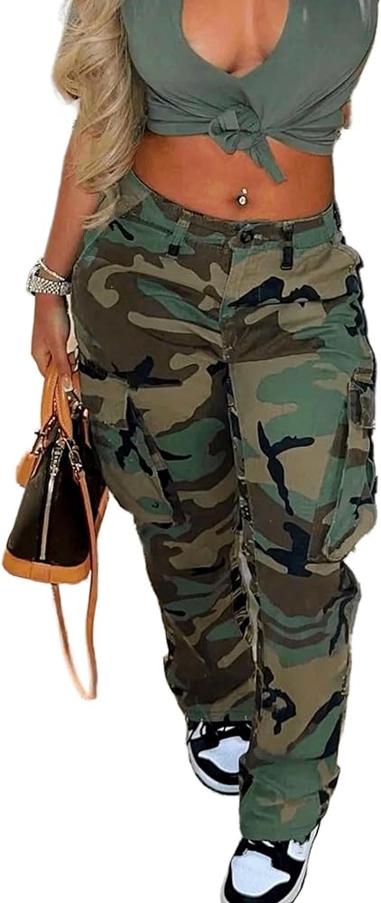 Vaceky Women's Camouflage Cargo Pant Side Pocket Straight Leg Hiking Pants