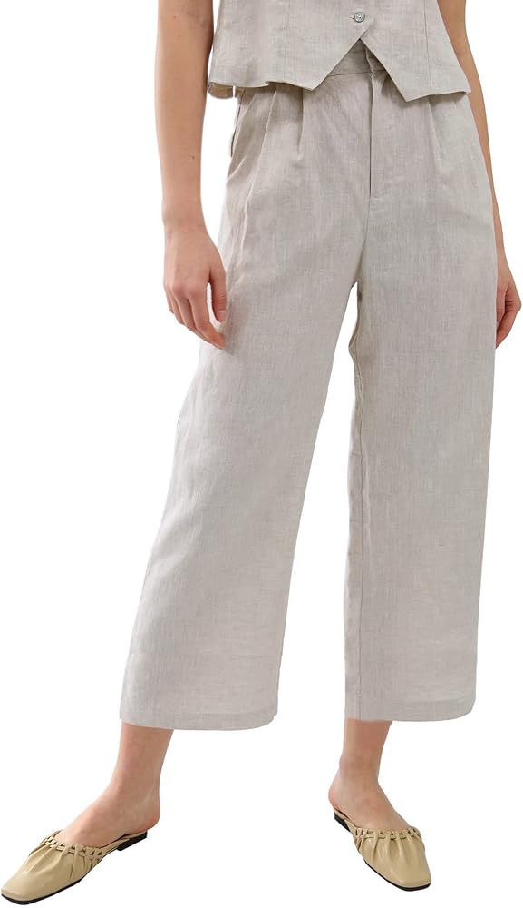 Amazhiyu Women's Linen Crop Pants Wide Leg Straight Pleated Front Ankle Trouser