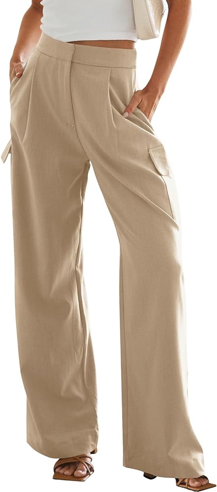 Cicy Bell Women's Loose Dress Pants Work Casual Pleated Wide Leg Cargo Pants with Pockets