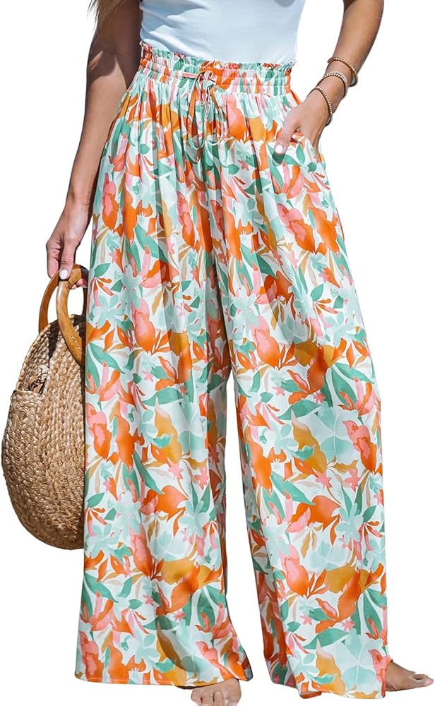 CUPSHE Women Summer Floral Print Smocked Paperbag Pants Wide Leg Pant Casual