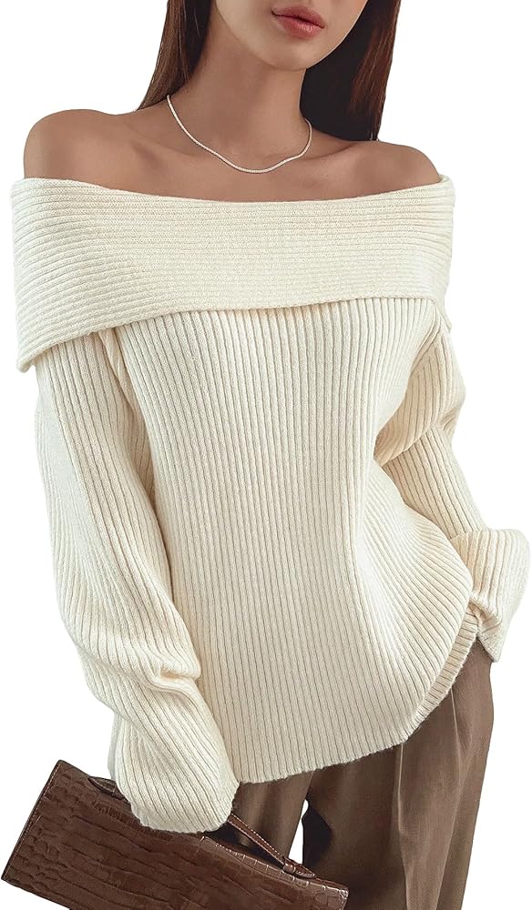 Verdusa Women's Long Sleeve Loose Off Shoulder Sweater Knit Pullovers Jumper Tops