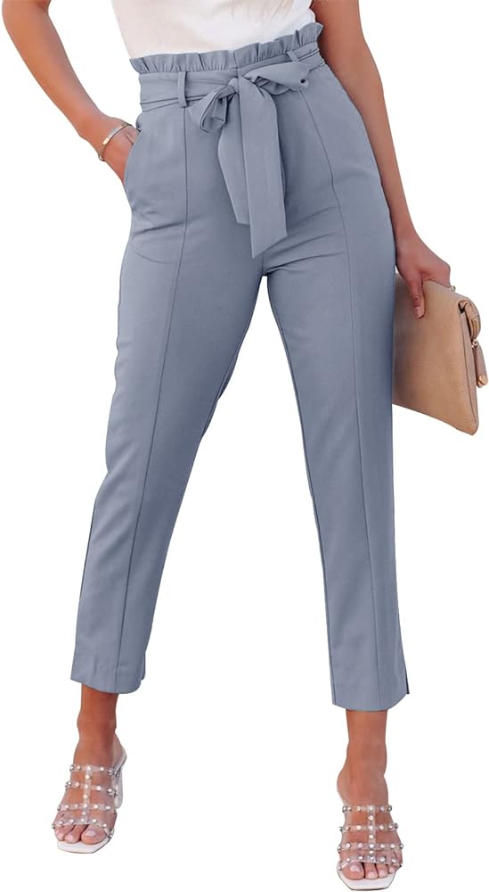 Metietila Women’s Casual High Waisted Paper Bag Pants Self Tie Pants Trousers with Pockets