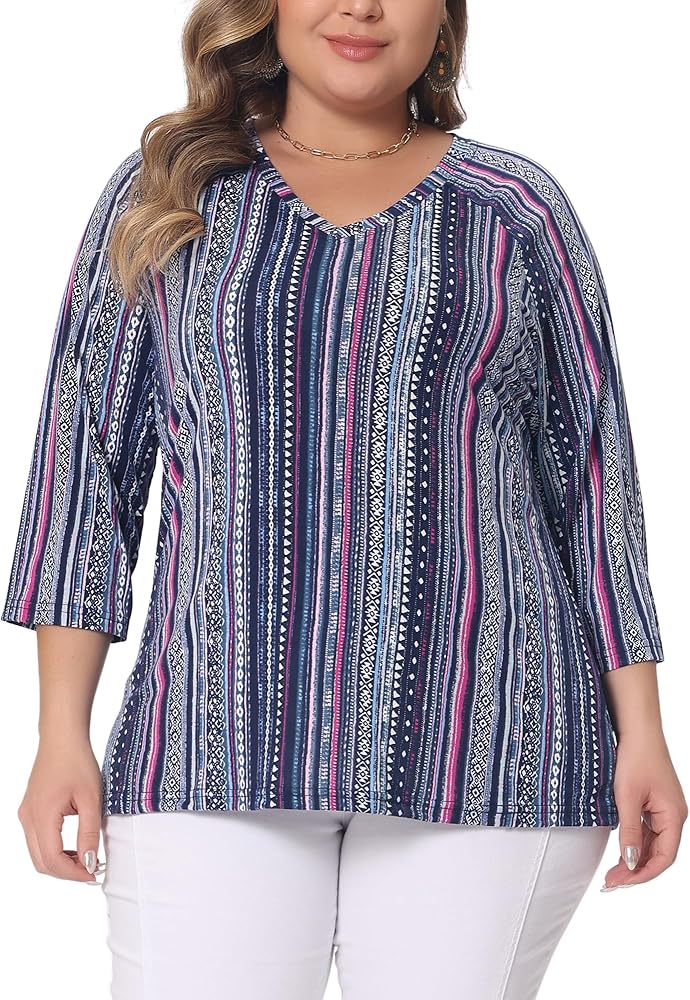 Agnes Orinda Plus Size Tops for Women V Neck 3/4 Sleeve Knit Blouse Tee Shirt Stripe Boho Tops