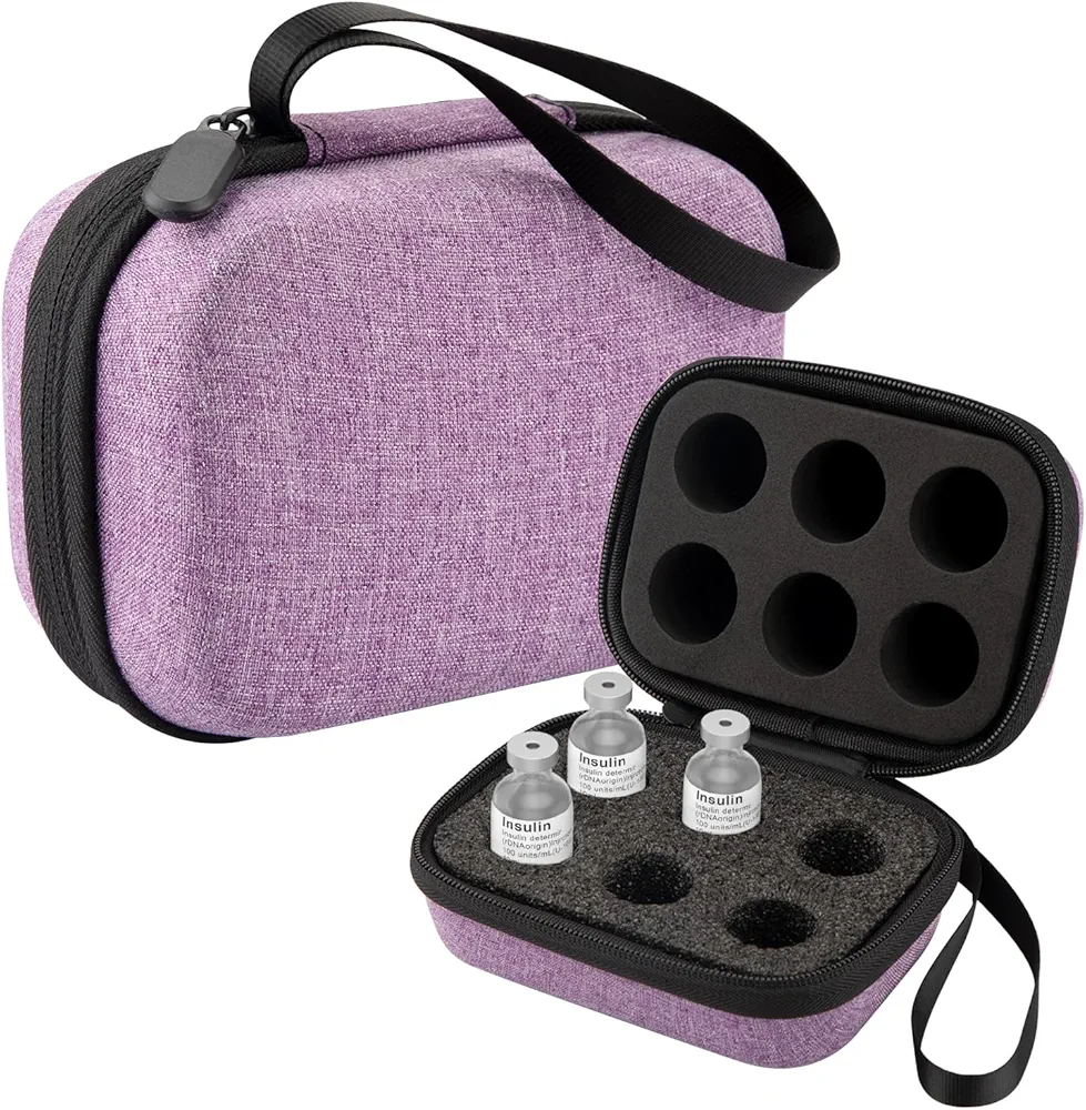 Mviioe Insulin Holder Fridge Storage Carrying Case, Insulin Vial Organizer Bag Fitting 10ml Vial Short Size, Removable Design with 2 Sizes Slot Foam(6 Slots) (Purple)