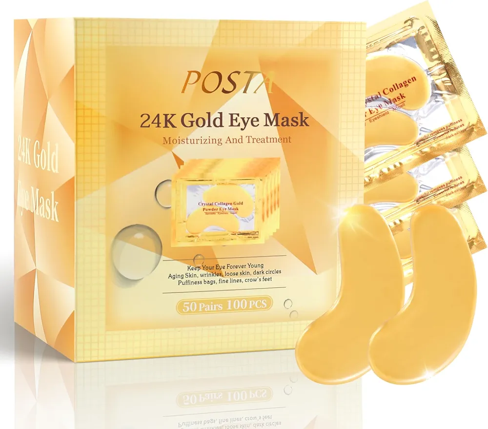 POSTA 50 Pairs 24K Gold Eye Mask, Collagen Under Eye Mask for Dark Cirlce, Puffiness, Refresh, Revitalizing, Travel, Wrinkles, Eye Patches Luxury Gift for Women & Men