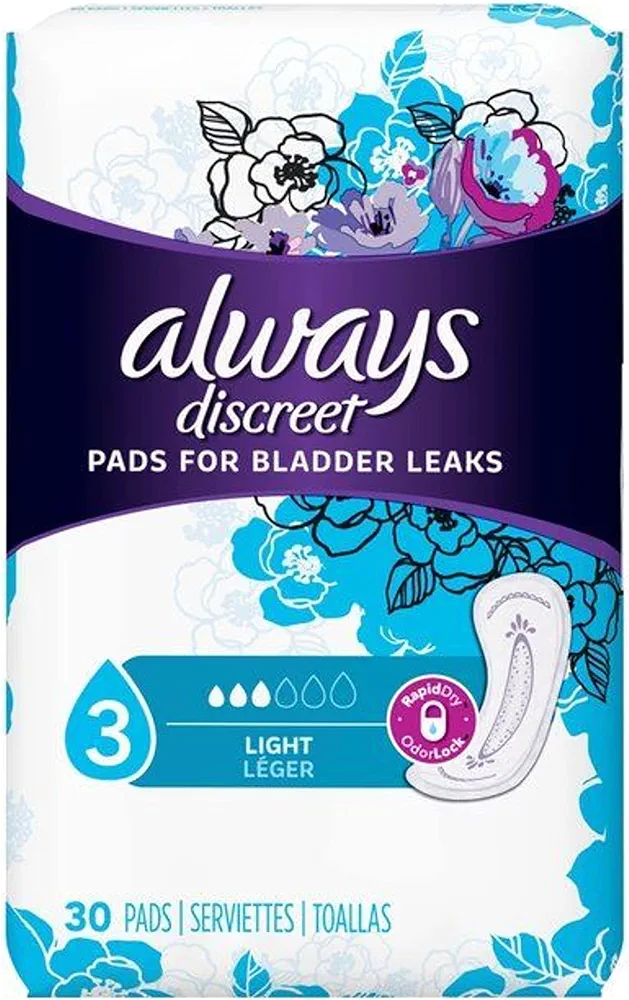 Always Discreet, Incontinence Light Pads, 3 Drops, 30 Pads each (1 Pack)