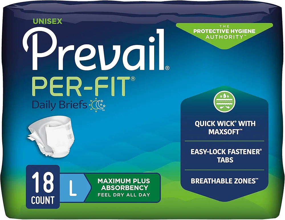 Prevail Per-Fit Incontinence Unisex Briefs with Tabs, Disposable Adult Diaper, Maximum Plus Absorbency, Large, 18 Count Bag