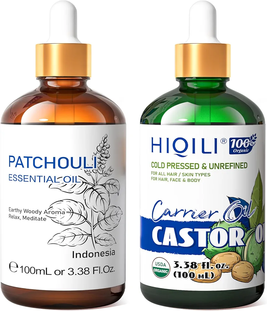 HIQILI Patchouli Essential Oil and Castor Oil, 100% Pure Natural for Diffuser - 3.38 Fl Oz