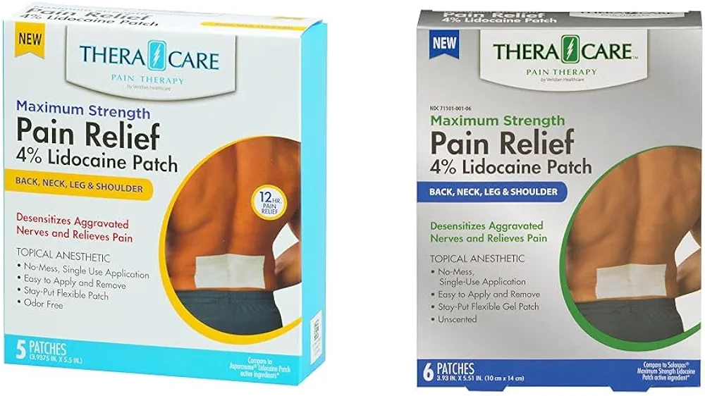 Thera Care Lidocaine Pain Relief Patches Bundle | 5-Count 3.9"x5.5" 4% Lidocaine Patch Box + 6-Count 3.9"x5.5" Maximum Strength Patch Box