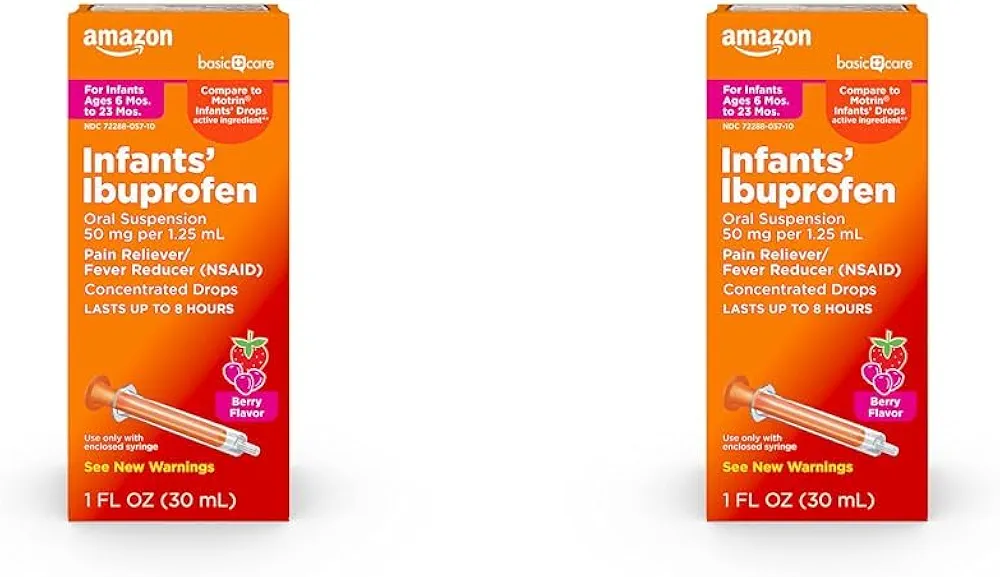 Amazon Basic Care Infants' Ibuprofen Oral Suspension Drops, 50 mg per 1.25 mL, Berry Flavor, for Minor Aches and Pains, Sore Throat, Headache Relief and More, 1 fl oz (Pack of 2)