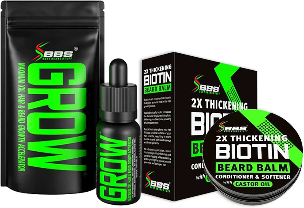 Beard Growth Kit with GROW Oil for Men + 2X Thickening BIOTIN Balm, Castor Oil Conditioner and Leave In Softener (2-pcs Set for Facial Hair Growth) by BBS USA