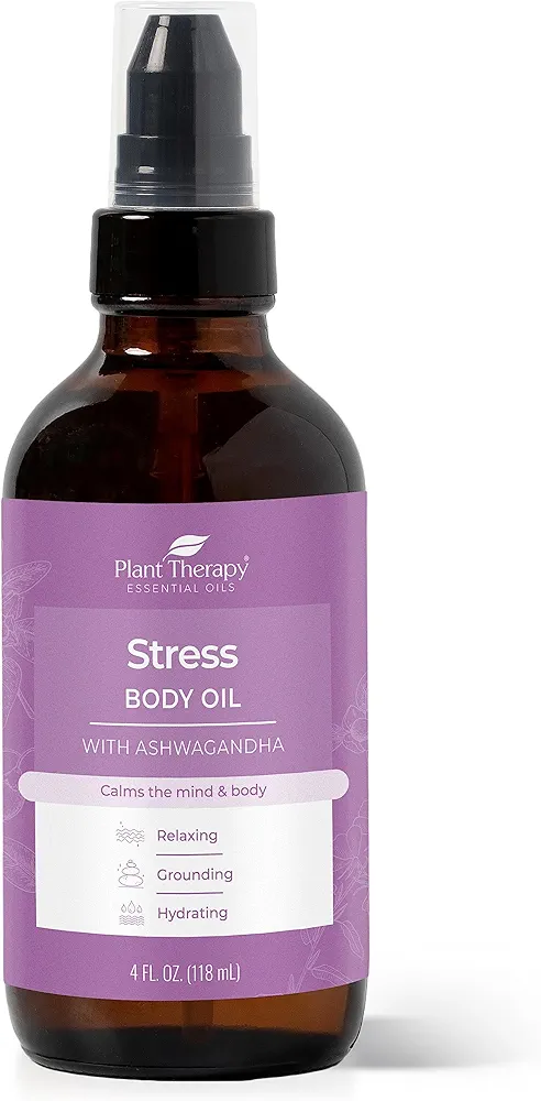 Plant Therapy Stress Body Oil with Ashwagandha 4 oz Calms & Eases Tension, Softens & Nourishes Skin, Great for a Relaxing Massage