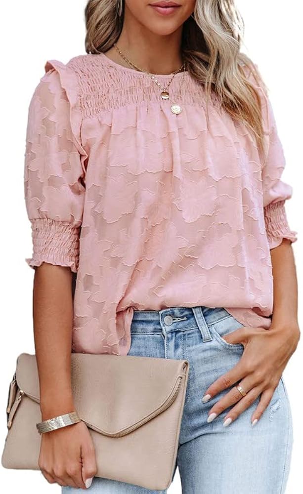 Dokotoo Womens Blouses Half Sleeve Shirred Tops Crewneck Lace Textured Flowy Casual Shirts