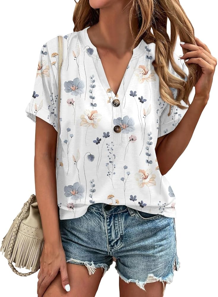 Womens Summer Tops Floral Short Sleeve V Neck Blouses for Women Dressy Casual Loose Shirts