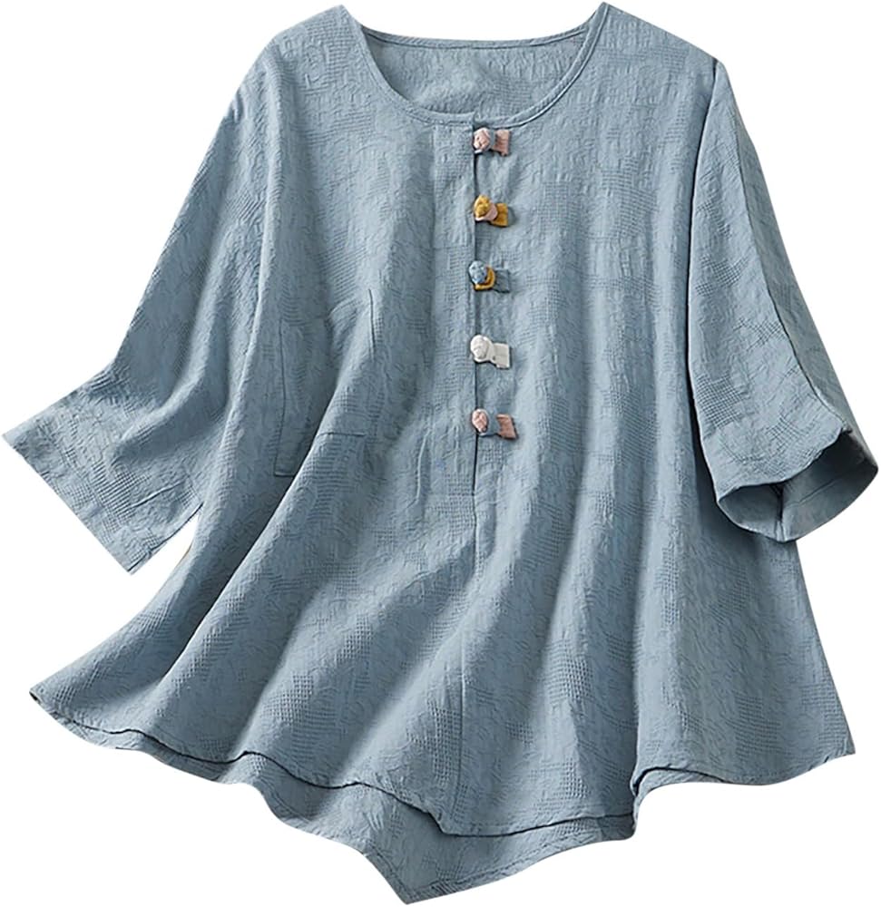 Women's Cotton Linen Button Short Sleeve Shirts Summer Loose Crew Neck Casual Boho Top Vintage Embroidered Blouse Tops