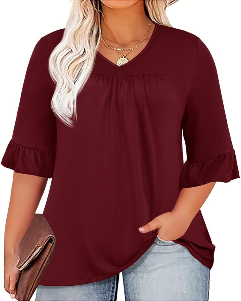 Micoson Womens Plus Size Tops 3/4 Ruffle Sleeve Shirt Casual V Neck Pleated T Shirt Loose Fit Tunic Blouse(1X-5X)