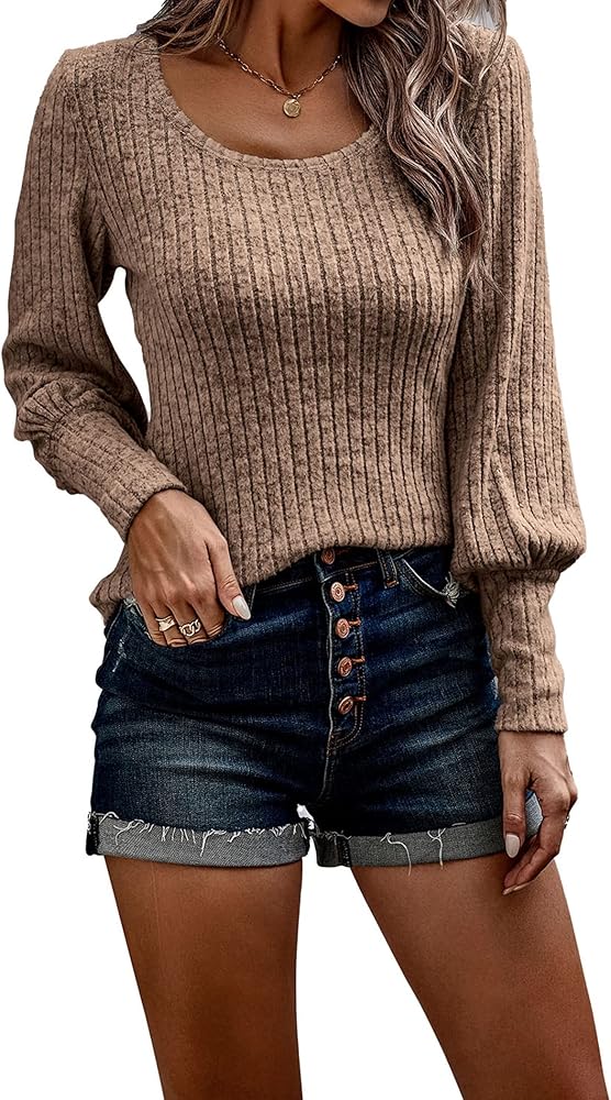 PRETTYGARDEN Women's Pullover Sweaters Long Lantern Sleeve Casual Crew Neck Ribbed Knit Jumper Blouse Tops