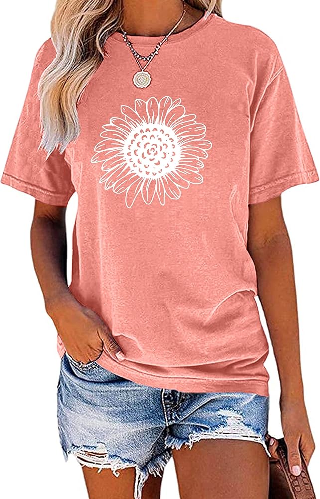 EADINVE Women's Summer Short Sleeve Cute Sunflower Graphic Printed Tee Vintage T Shirt Cotton Tops Novelty Cool Shirts