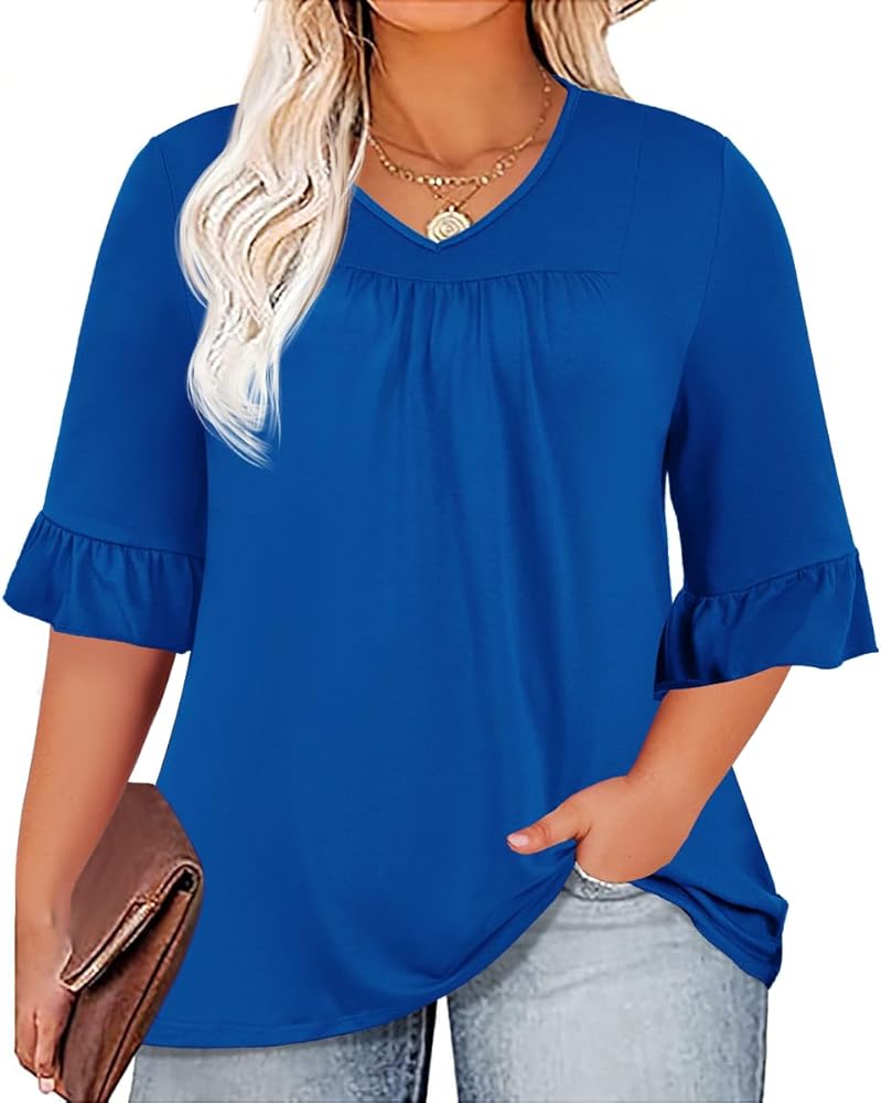 Micoson Womens Plus Size Tops 3/4 Ruffle Sleeve Shirt Casual V Neck Pleated T Shirt Loose Fit Tunic Blouse(1X-5X)