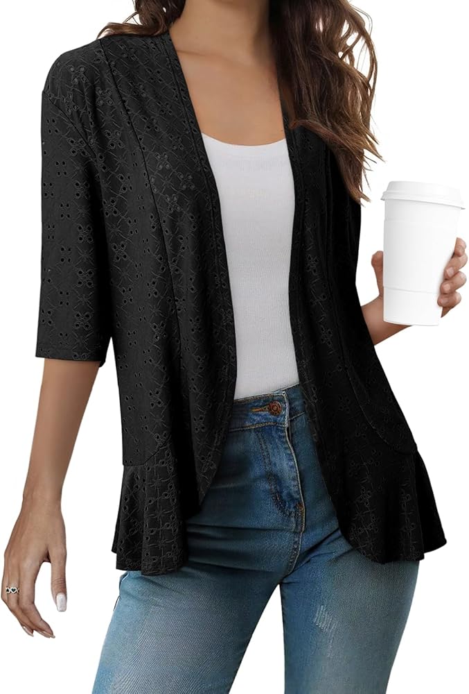 Sidefeel Lightweight Summer Cardigan for Women Spring Netted Knit Ruffle Half Sleeve Kimono Cover Ups