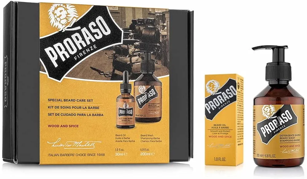 Proraso Beard Care Kit for Men | Beard Wash & Beard Oil with Sandalwood to Tame, Cleanse & Detangle Full, Thick and Coarse Beards | Wood & Spice