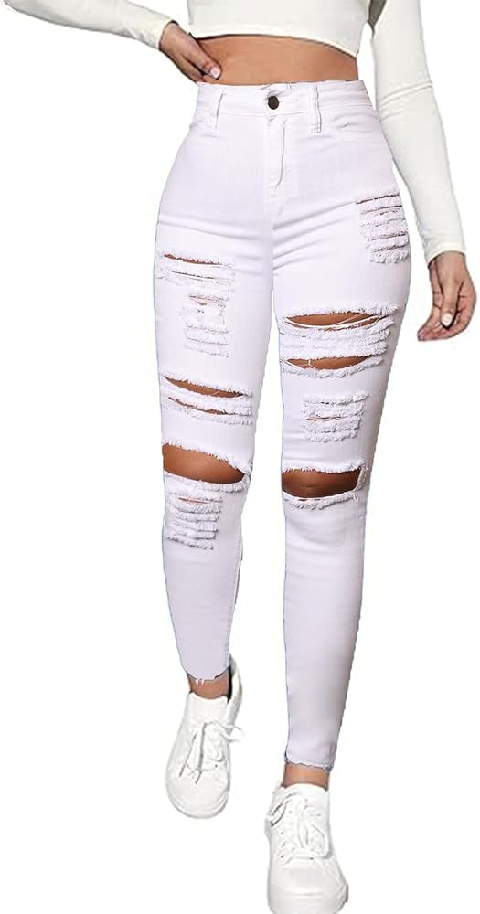 High Waisted White Ripped Jeans for Women Stretch Butt Lifting Distressed Jean Skinny Jeggings for Women