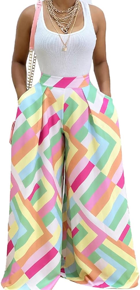 BFFBABY Womens Casual Palazzo Pants High Waist Printed Ruched Loose Flowy Lounge Wide Leg Pants (M-3XL)