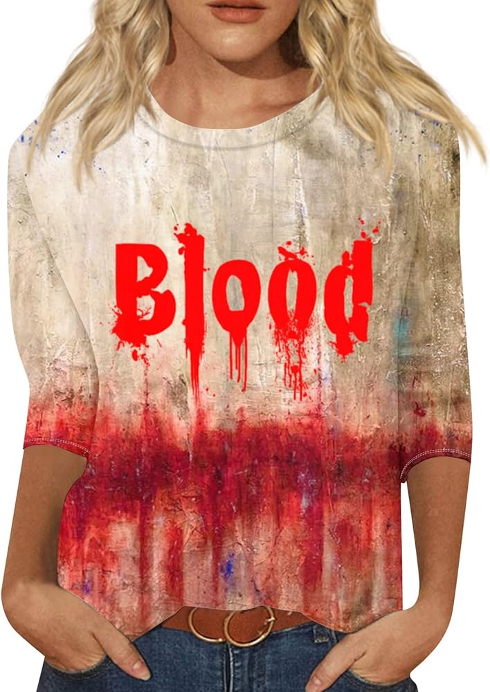 Womens Halloween Costumes 3/4 Sleeve Round Neck Loose Tees Printed Blouses Trendy Tunics Casual Tops Graphic Clothing