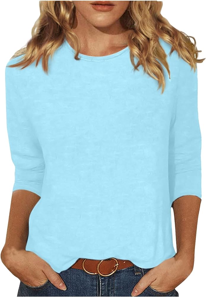 Women's Crewneck 3/4 Sleeve Tops,Casual Trendy Loose Fit Summer T Shirts Plain Tees Basic Tunic Blouses