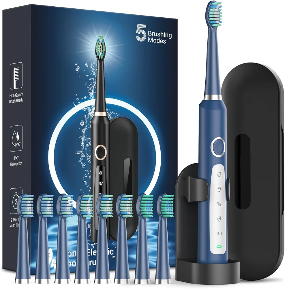 Rtauys 2 Pack Sonic Electric Toothbrush for Adults，with 8 Brush Heads and Travel Case, 3 Hours Charge for 120 Days - Blue & Purple