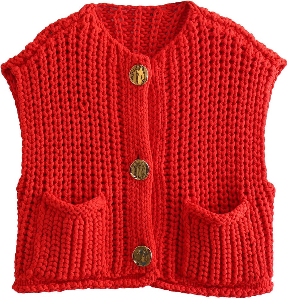 Womens Sleeveless Knit Cardigan Casual Cropped Button Down Sweater Vest Open Front Tops with Pockets