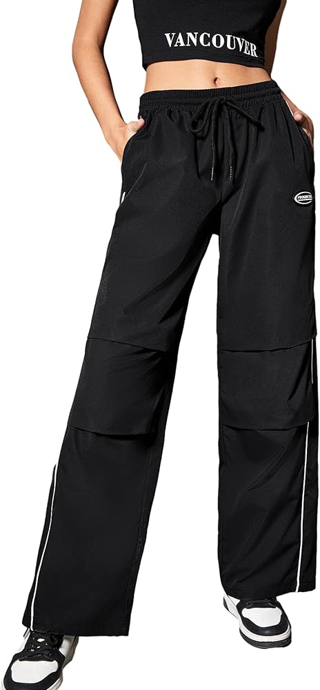 Floerns Women's Drawstring Wide Straight Leg Parachute Baggy Cargo Pants