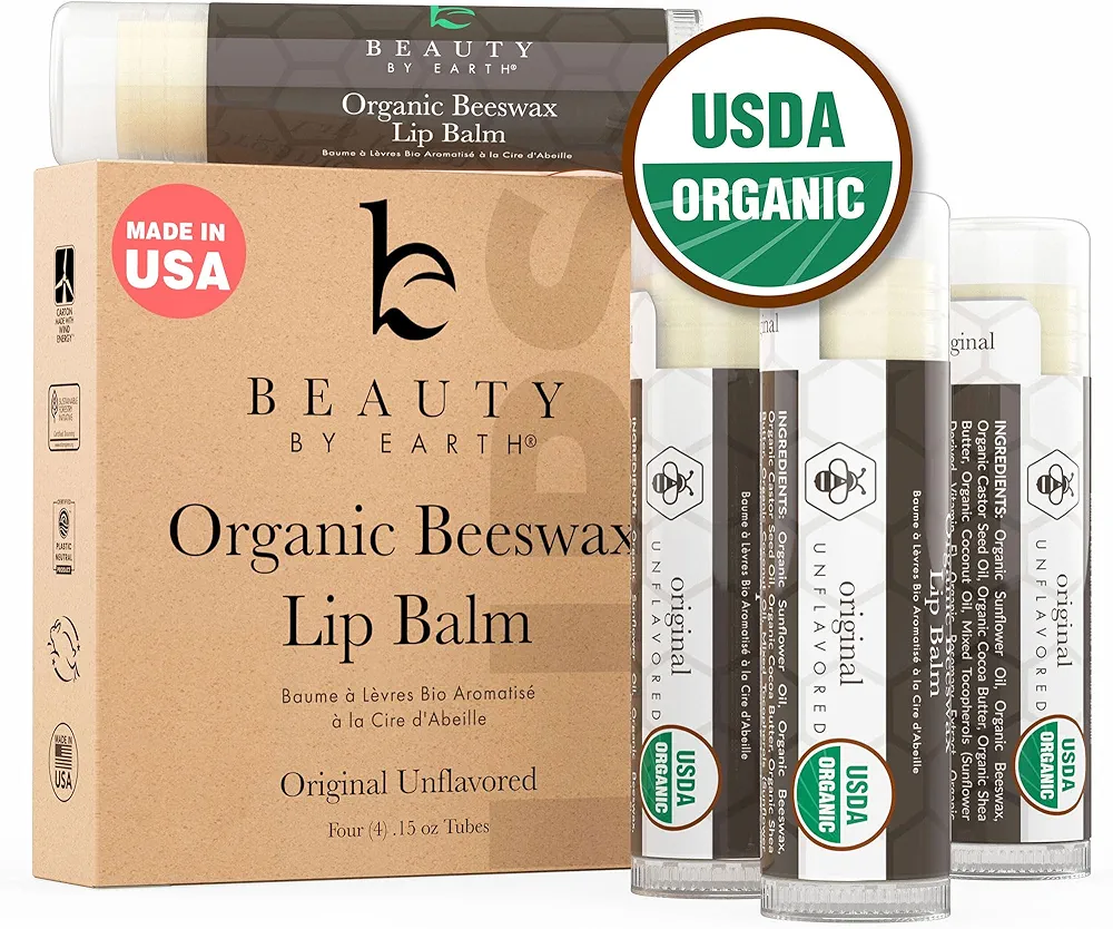 Organic Lip Balm - 4 Pack Unflavored Organic Gifts for Women, All Natural Lip Balm, Birthday Gifts for Her & Him, Lip Balm Hydrating Beauty Gifts, Lip Moisturizer, Mens Gift Ideas