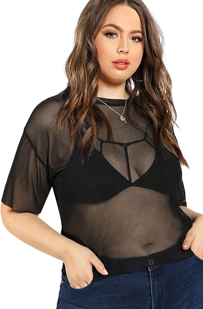 Floerns Women's Plus Size Short Sleeve Sheer Mesh Tops T Shirt Blouse