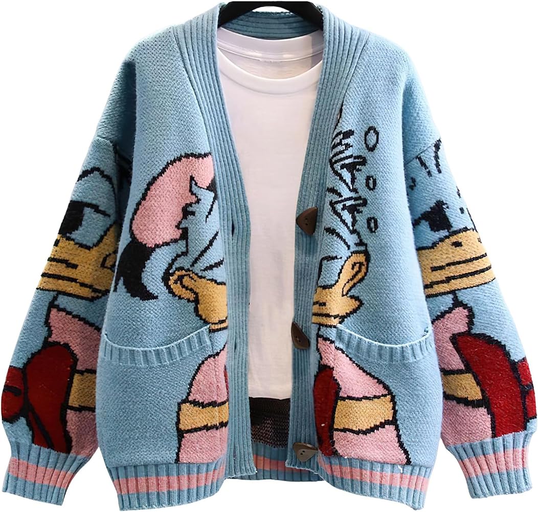 Womens Cute Embroidery Cartoon Duck Cable Knit Cardigans Sweater Button Down Slouchy Wool Blend Coat