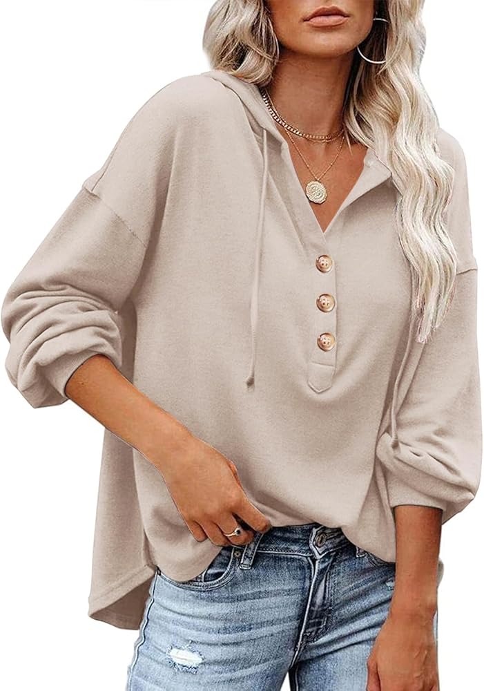 LuckyMore Women's Sweatshirts Hoodie Casual V Neck Long Sleeve Button Pullover Tunic Tops