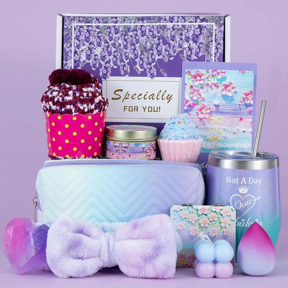 Birthday Gifts for Women,Unique Birthday Presents Friendship Gift Purple Relaxing Self Care Set Ideas for Women Care Package Gifts Basket for Women Mom Sister Best Female Friend Gifts Box