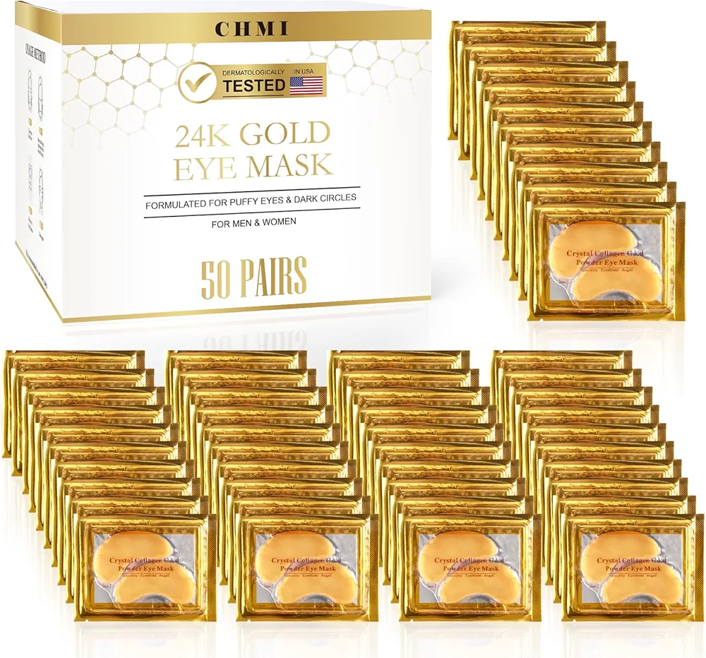 CHMI Under Eye Patches (50 Pairs) - 24K Gold Eye Patches for Puffy Eyes, Dark Circles, Eye Bags and Wrinkles, Collagen Skin Care Products, Beauty & Personal Care