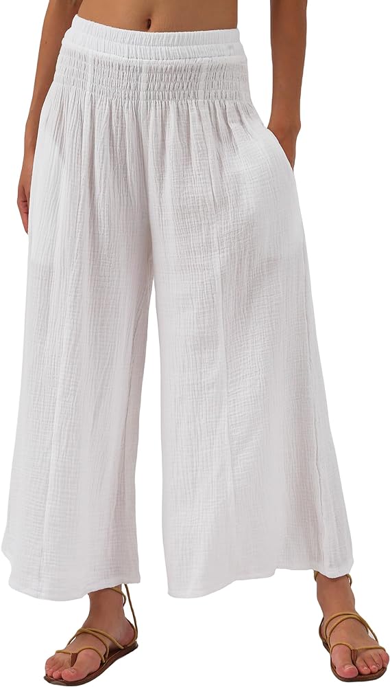 Amazhiyu Women's Cotton Gauze Wide Leg High-Waist Casual Palazzo Summer Pants