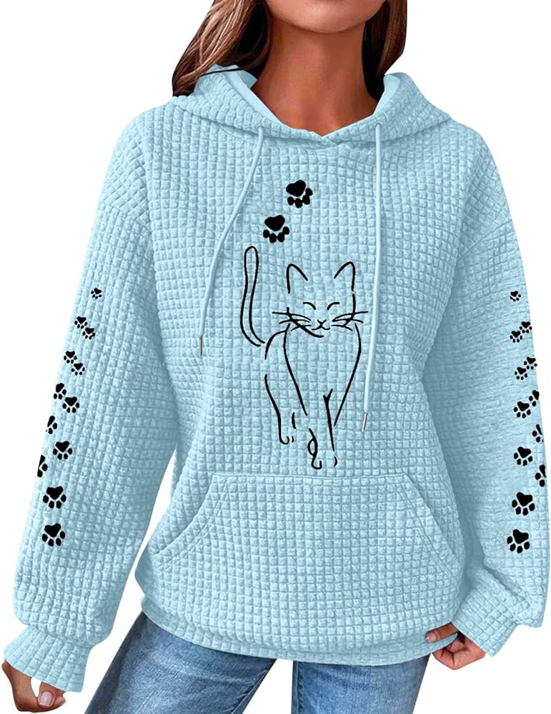 Waffle Knit Hoodies for Women Cute Cat Print Long Sleeve Drawstring Sweatshirt Trendy Loose Fall Pullover Tops with Pocket