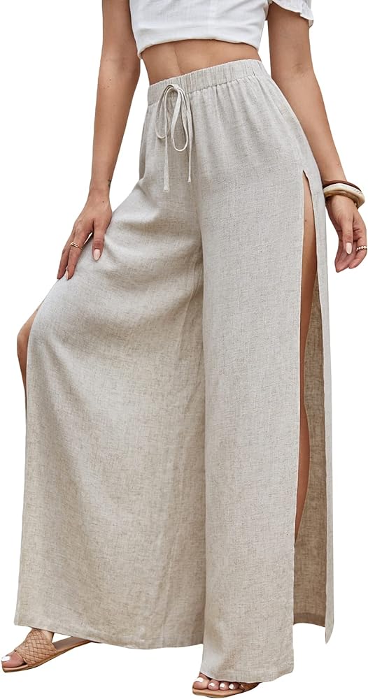 SweatyRocks Women's High Waist Drawstring Split Thigh Wide Leg Palazzo Pants