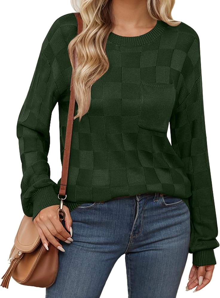 Womens Sweater Casual Long Lantern Sleeve Lattice Texture Knit Pullover Loose Lightweight Tops Fall 2024