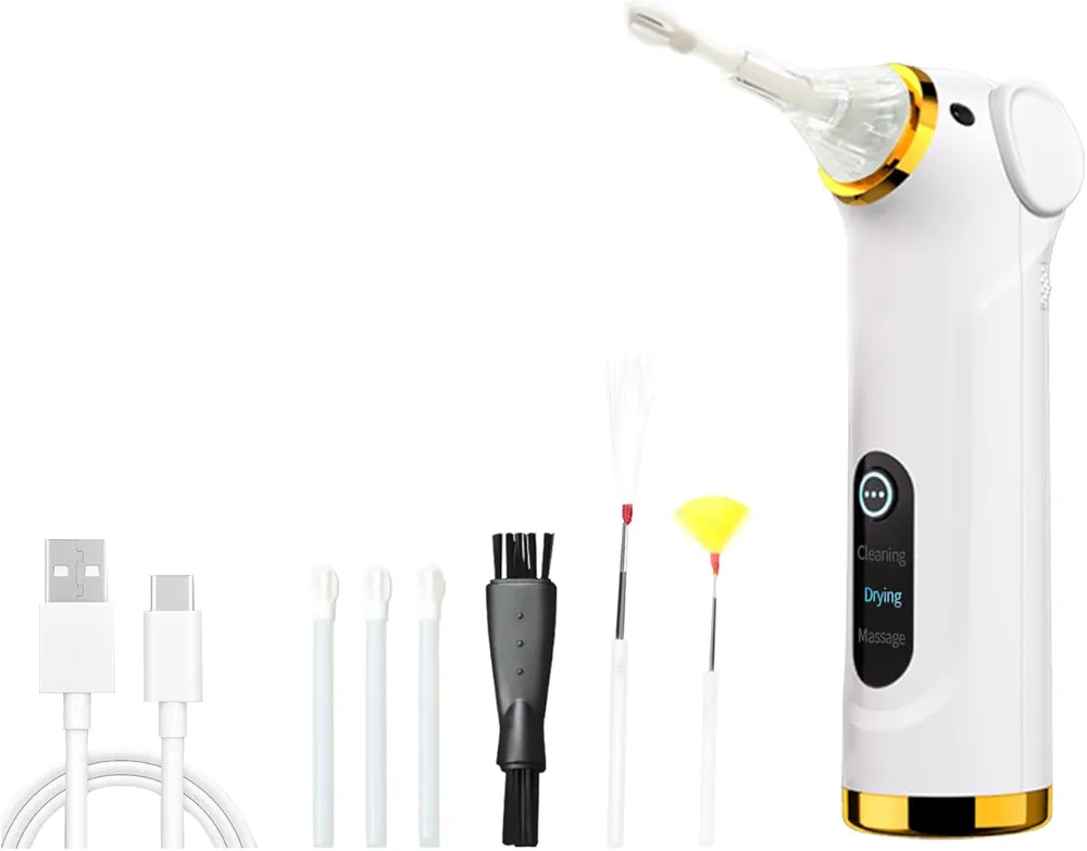 Multi-functional Electric Ear Wax Removal Tool Ear Cleaning Kit - Drying Ear Canal&Massaging Ear, for Adults and Children (White)