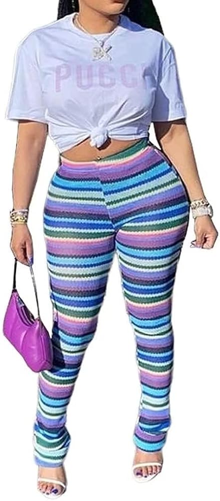 Stacked Pants for Women High Waist Knitted Color Block Rainbow Striped Leggings Sweatpants