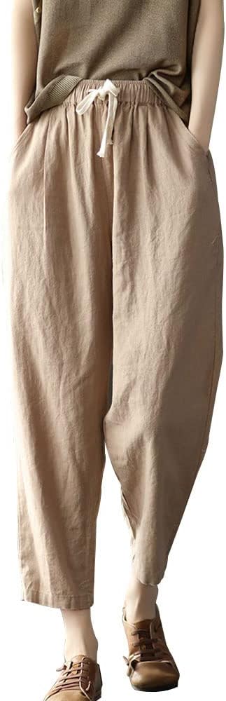 Summer Linen Cotton Casual Crop Pants with Drawstring Elastic Waist Pockets for Women Teen Girl