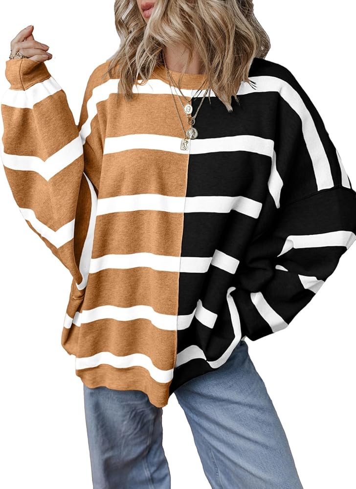 EVALESS Womens Striped Sweater Pullover Crew Neck Long Sleeve Cable Knitted Color Block Casual Loose Lightweight Sweaters