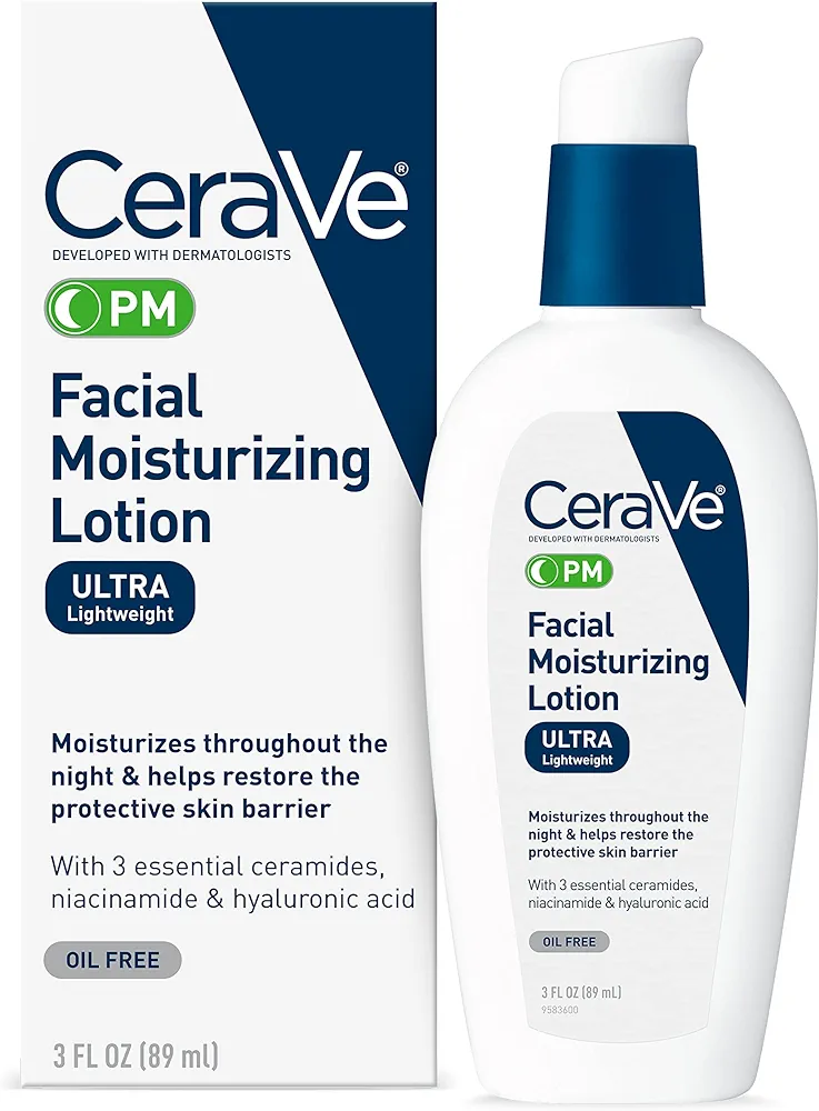 CeraVe PM Facial Moisturizing Lotion | Night Cream with Hyaluronic Acid and Niacinamide | Ultra-Lightweight, Oil-Free Moisturizer for Face | 3 Ounce