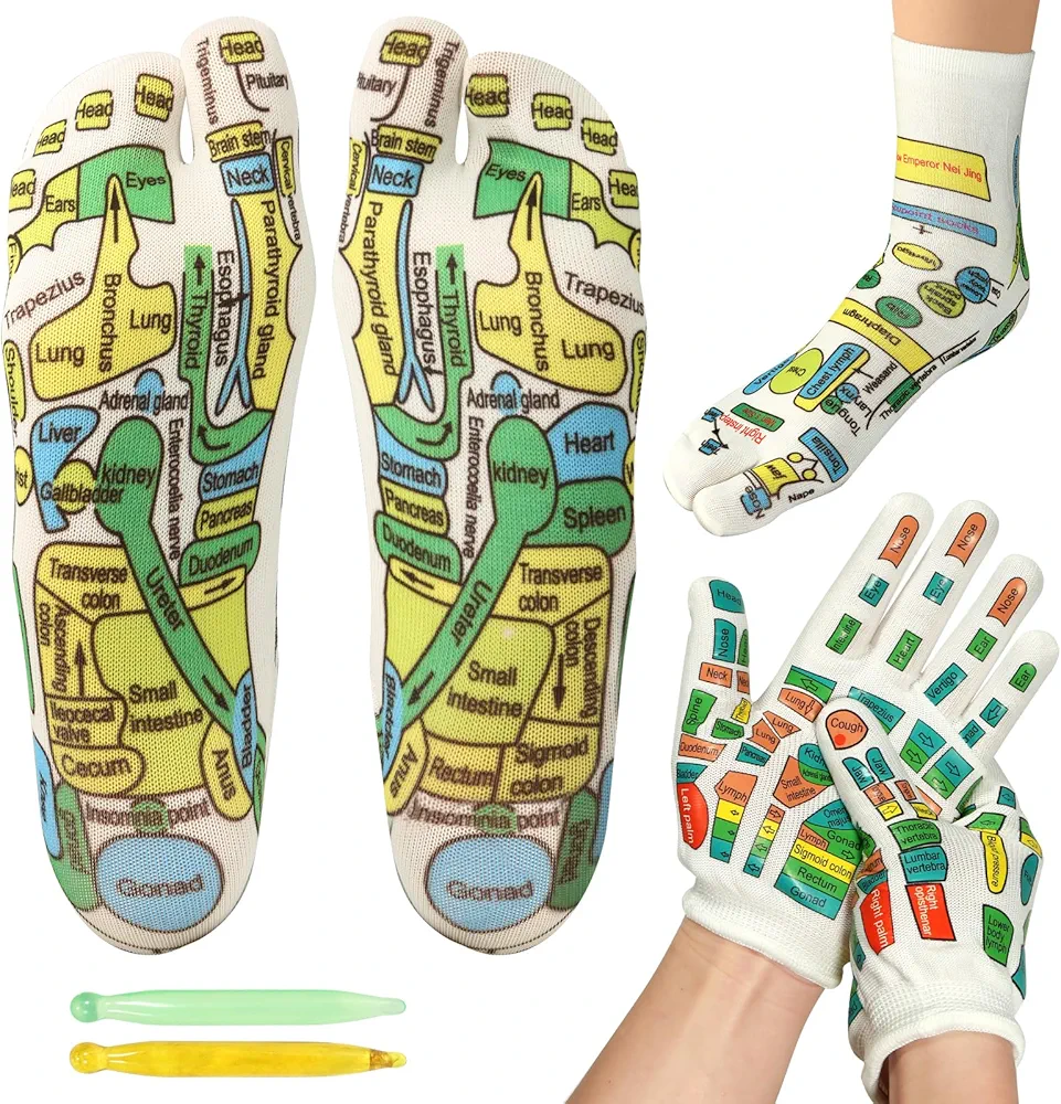 Reflexology Socks and Gloves for Hand Foot Massage, with 2 Acupressure Pens, Men's Size - Soothing and Relaxing Therapy, Pain Relief, Improve Circulation- Health and Personal Care