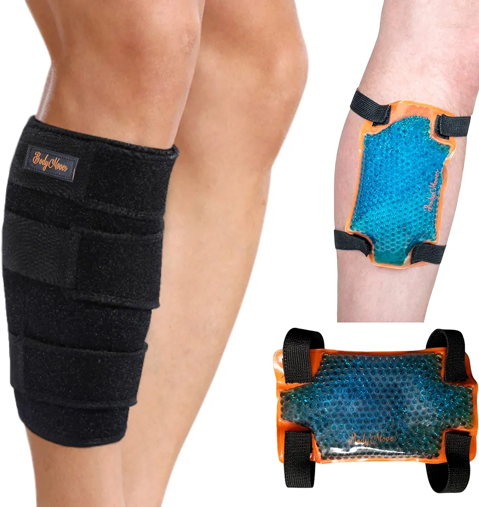 BodyMoves Calf Brace plus hot and cold gel pack for Torn Muscle Shin Brace Strain Wrap Support Leg Brace for Shin Splints Lower Leg Calf Compression Sleeve for Calf Strain Injury Tear Runners Remedy