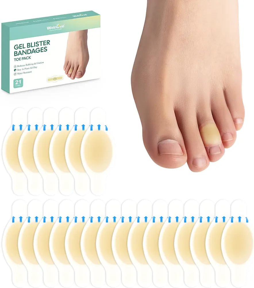 Gel Blister Bandages Hydrocolloid Bandages - Welnove 21ct Blister Cushions (Toe Pack) - Blister Bandages for Heel, Toe & Foot - Blister Pads for Prevention & Recovery - Water Resistant Bandages